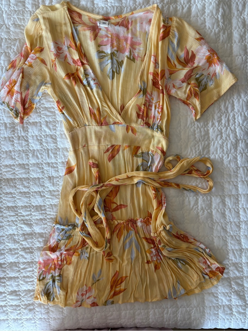 Billabong Yellow Floral Wrap Dress with Ruffled Hem